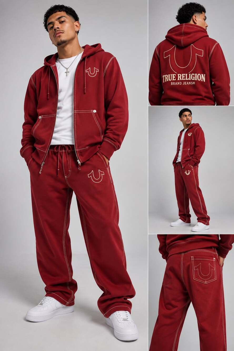 True Religion Horseshoe Applique Super T Fleece Hoodie & Pants set Red